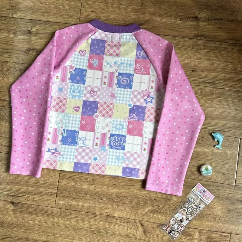 Футболка женская с длинным рукавом милый топ контрастных цветов принтом