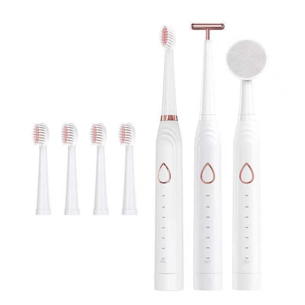 

Electric Sonic Toothbrush USB Charge Rechargeable Adult Waterproof Electronic Tooth 5 Brushes Replacement Heads White