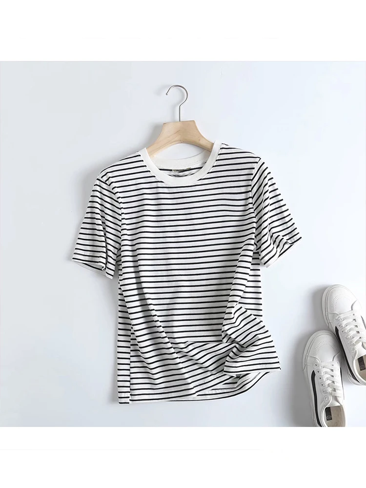 

Женская футболка в полоску PB & ZA, Повседневная Свободная футболка из чистого хлопка с коротким рукавом и круглым вырезом, лето 2022