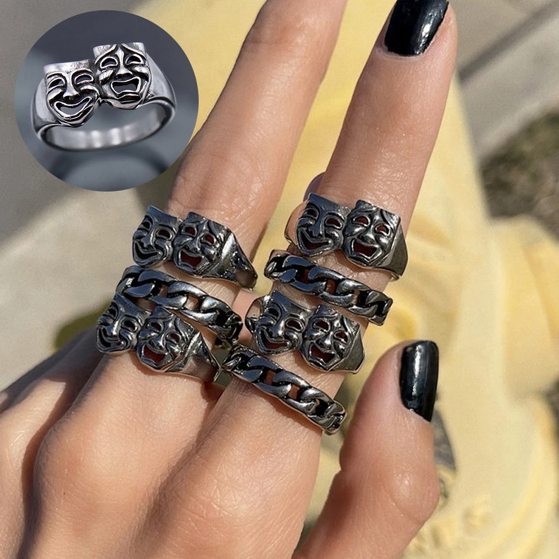 

New Style Unique Design Asymmetrical Smile Crying Mask Rings For Men Women Personality Gothic Hip Hop Jewelry