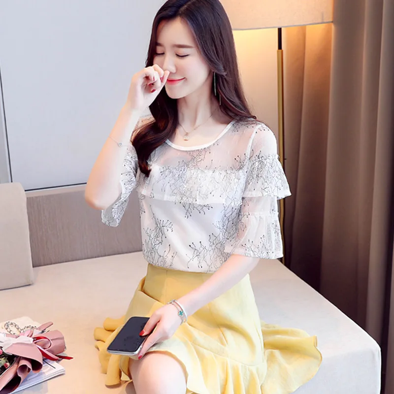 

Шифоновая женская блузка свободная кружевная рубашка Летняя однотонная с рукавом-бабочкой без бретелек модный топ Женская одежда уличная ...