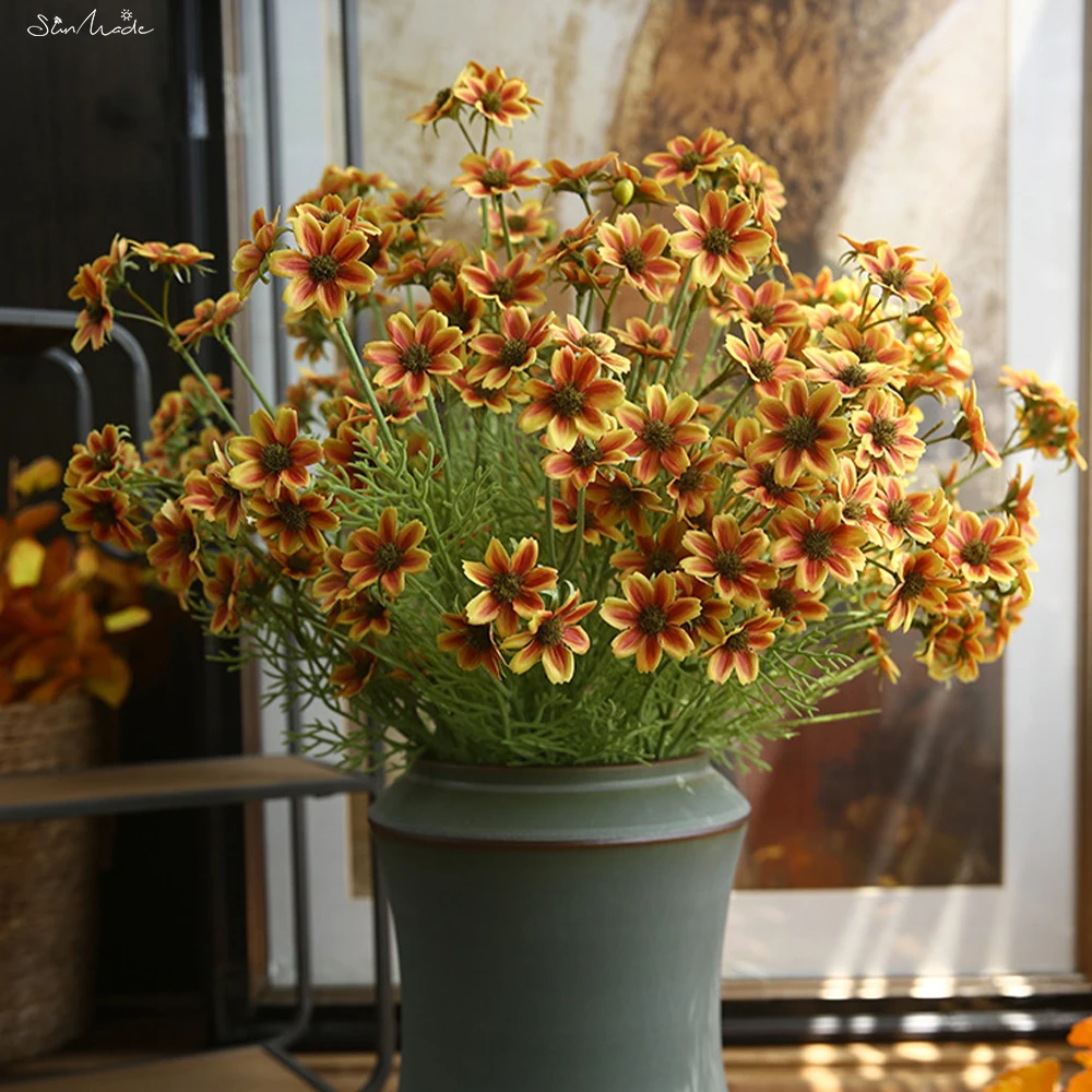 

SunMade New Real Touch Daisy Branch with Green Leaves Fake Flowers Living Room Decoration Wedding Table Decor Flores Artificales