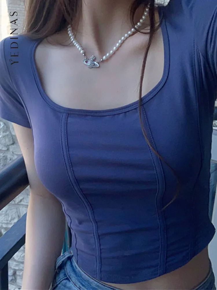 

Yedians Summer T Shirt Women New Fashion 2022 Streetwear Short Sleeve Crop Top Sexy Mujer Y2k Slim Basic Tee Shirt Femme Chic