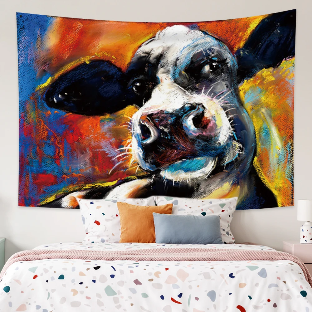 

Tapestry Wall Hanging Dairy Cow Colorful Oil Painting Animal Landscape Large Tapestry Art Aesthetic Room Bohemia Decor Bedroom