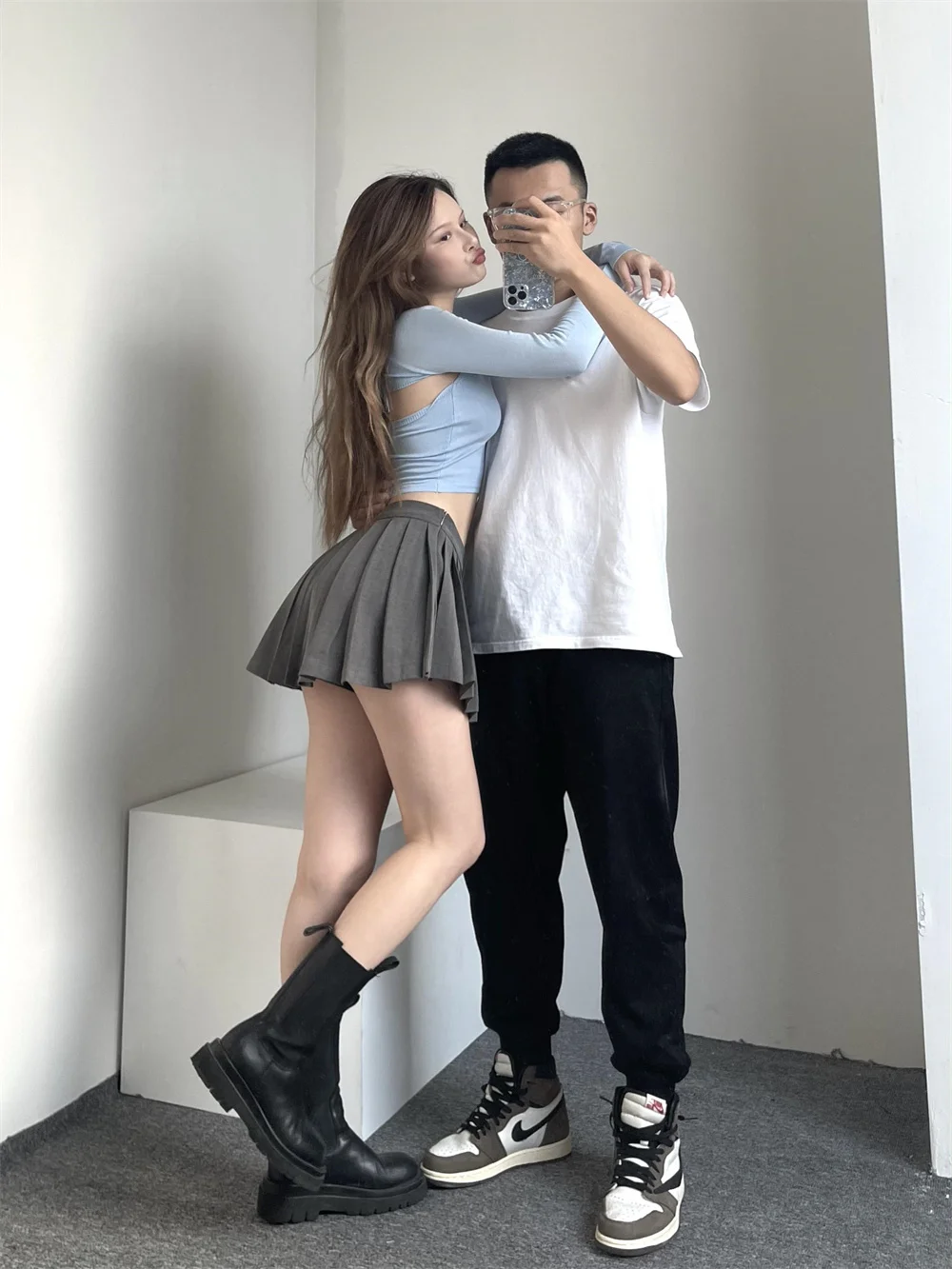 

And Sweet Sweet Spicy Girl Style High Waist Front Short Back Long Design Pleated A-Line Skirt Solid Color Retro Women's BTQT