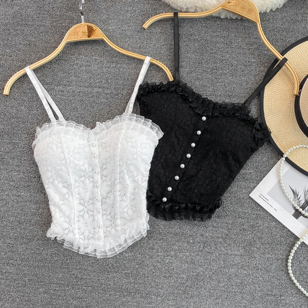 

Summer Lace with Chest Pad Sexy Inner Build Slim Look Sleeveless Suspender Vest Top