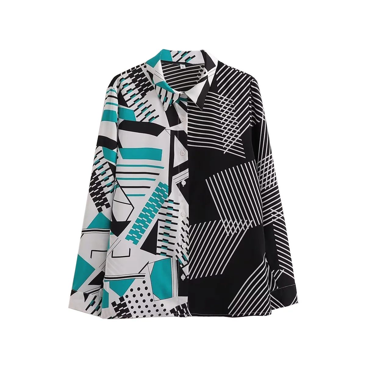 

VANOVICH Autumn New European and American Style Temperament Vintage Geometric Print Long Sleeve Polo Collar Loose Casual Shirt