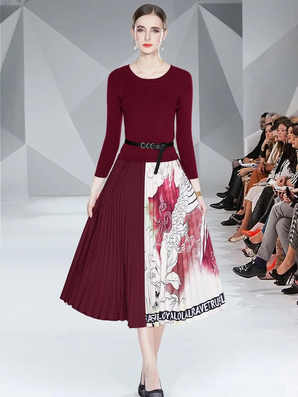 

Autumn Winter Knitted Printing One Piece Dress Runway Fashion Women Long Sleeve Patchwork Contrast Color Belt Pleated Vestidos