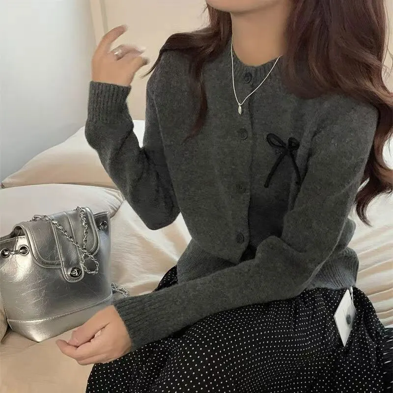 Женская одежда серый вязаный кардиган базовый однобортный свитер с длинным