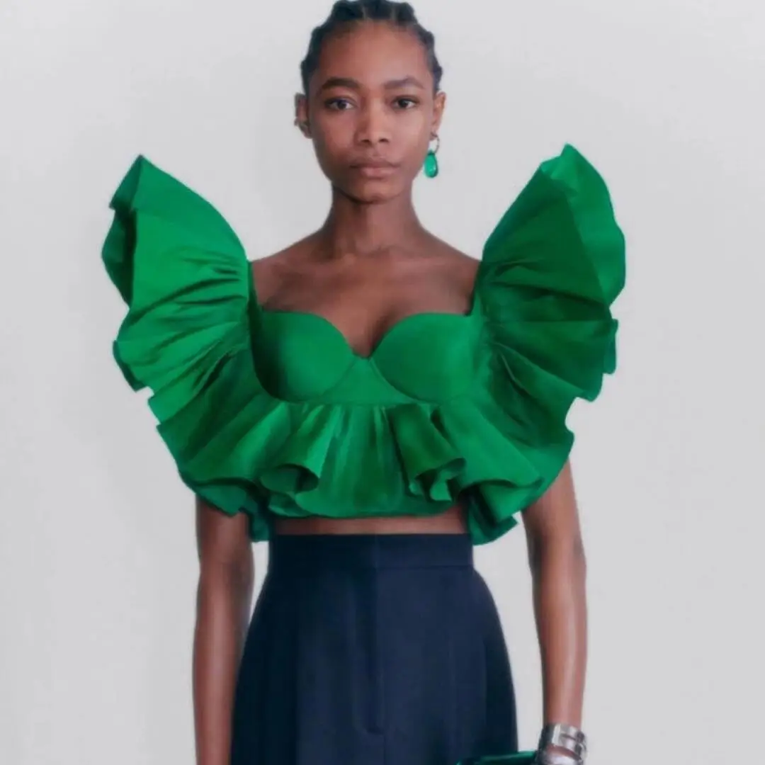 Модный ярко-зеленый укороченный топ Женский Топ с квадратными оборками