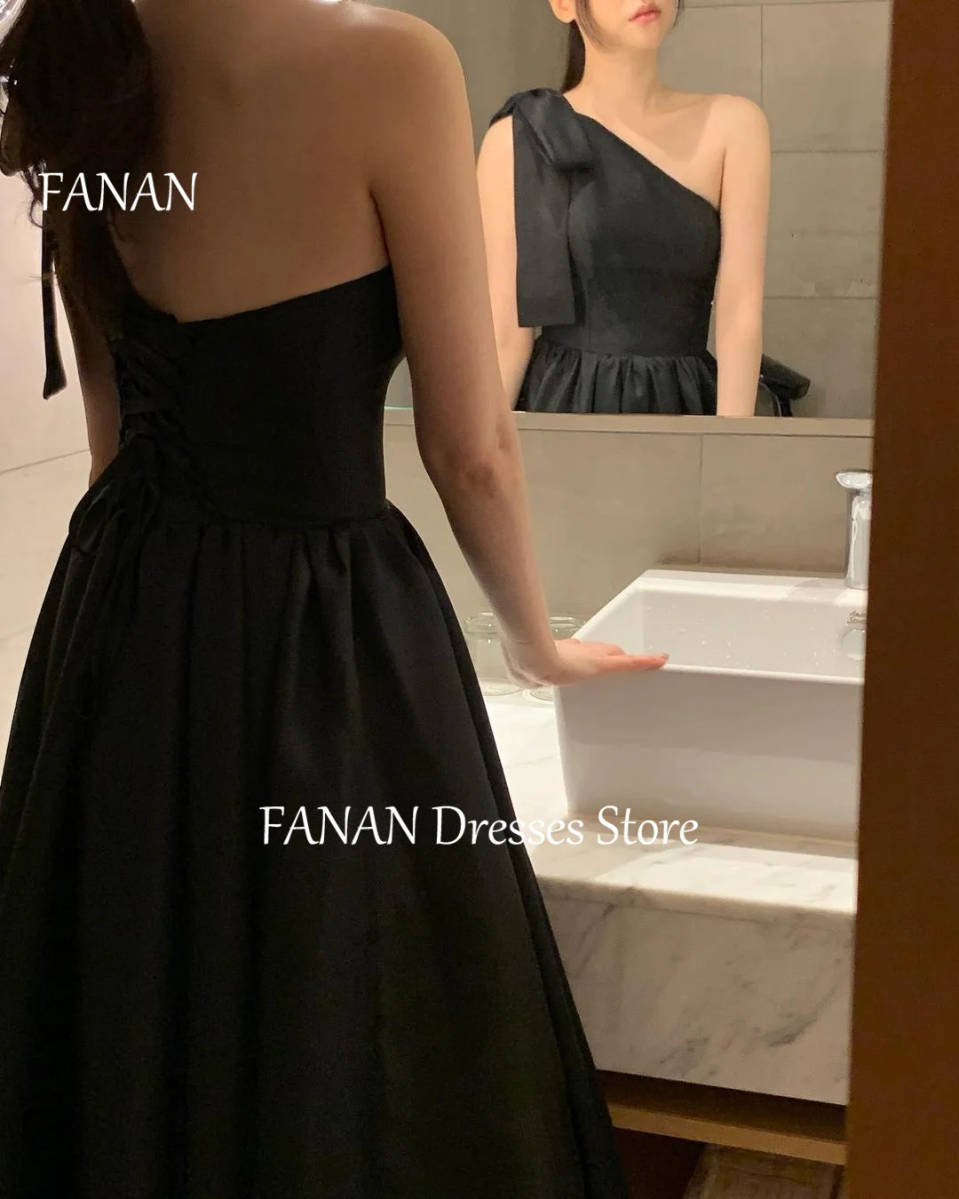 Фото FANAN вечерние платья трапециевидной формы на одно плечо, черные корейские элегантные женские вечерние платья по индивидуальному заказу, платья для выпускного вечера №4