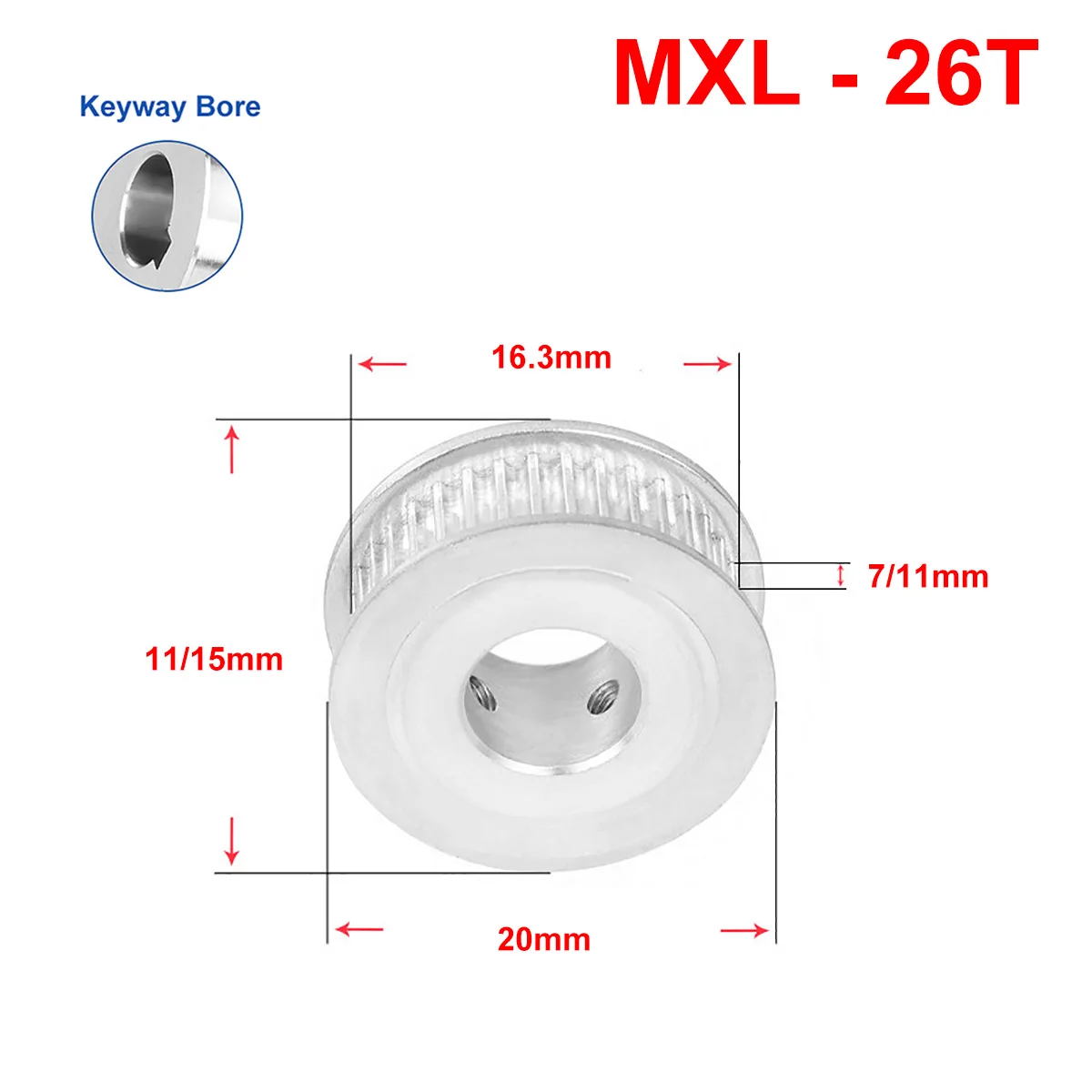 

1Pcs MXL 26Tooth Timing Pulley Bore 4/5/6/6.35/8/10mm AF Aluminum Synchronous Pulley Wheel For Width 6mm 10mm MXL Timing Belt