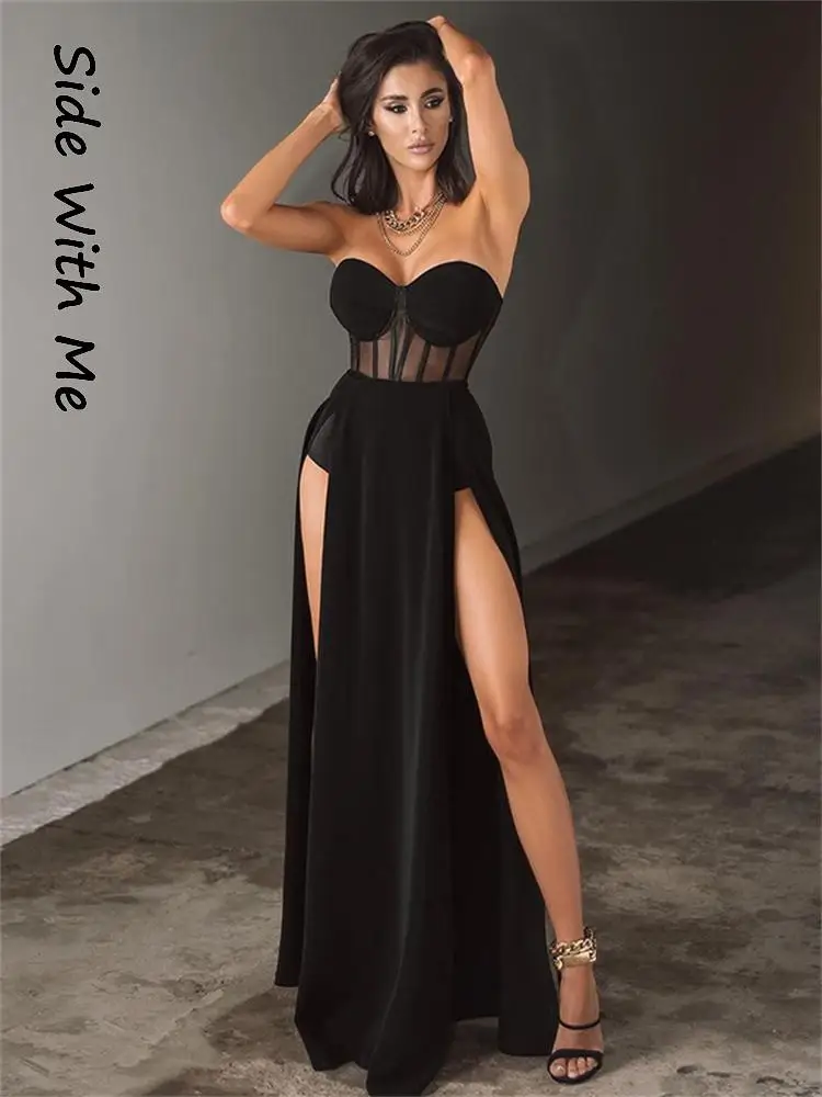 

Side with Me 2022 Summer Strapless Sexy Patchwork Backless Women Midi Dresses Club Party Elegant Robe Split Black Woman Dress