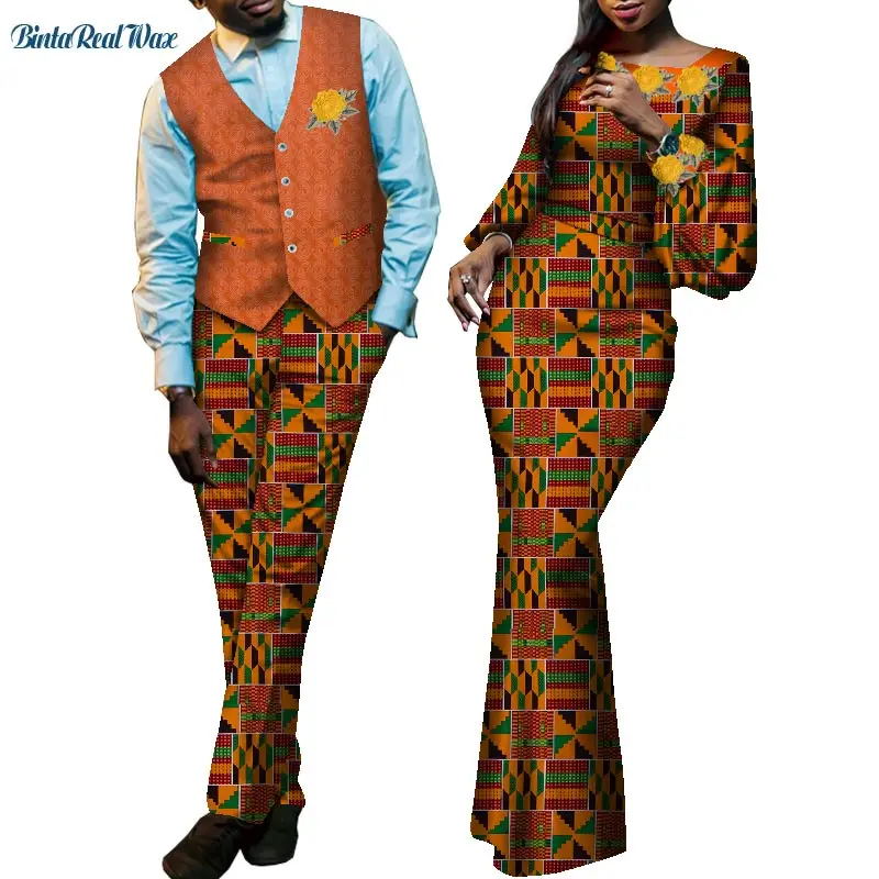 African Dresses for Women Bazin Riche Men Waistcoat and Pant Sets Couple Clothes Print Long Dress African Clothing WYQ705