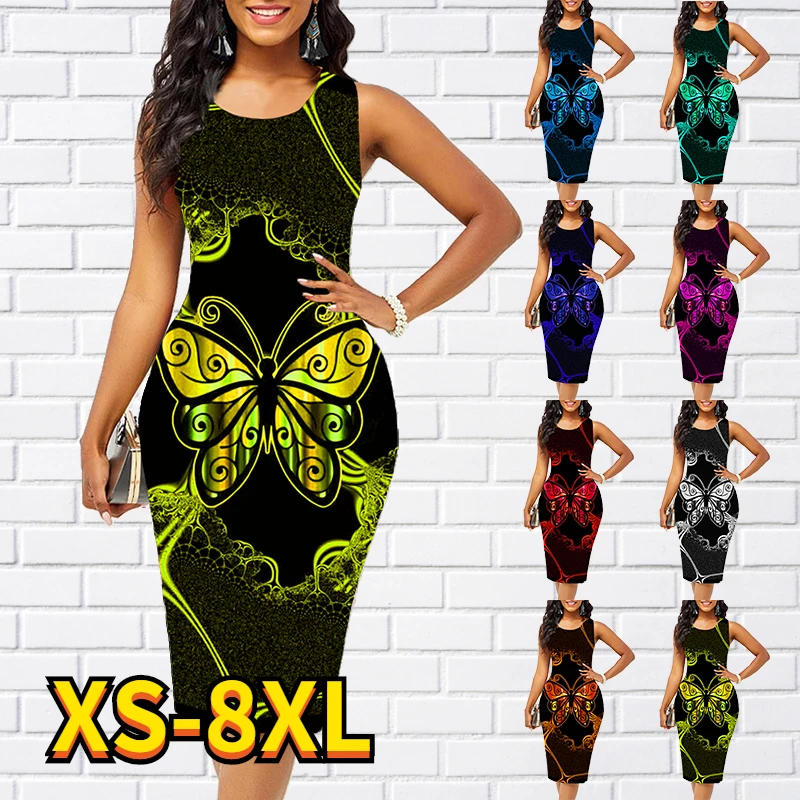 

Женское платье, летняя модная повседневная юбка до колен с круглым вырезом, прямая юбка без рукавов с цветочным принтом бабочки и животных, ...