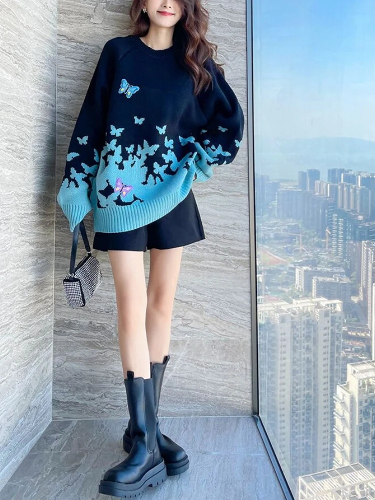 

Осень-зима 2022 корейская мода новинка свитер с длинным рукавом с круглым вырезом и вышивкой бабочки женский свободный вязаный Топ пуловеры