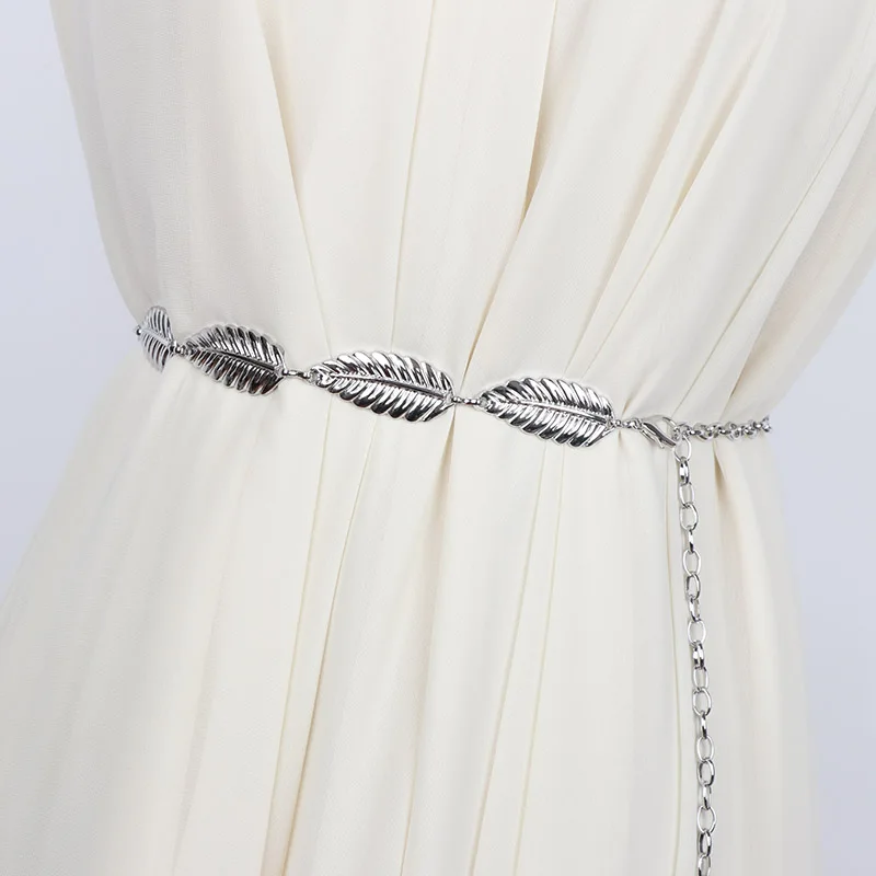Женский тонкий пояс-цепочка с металлическими листьями