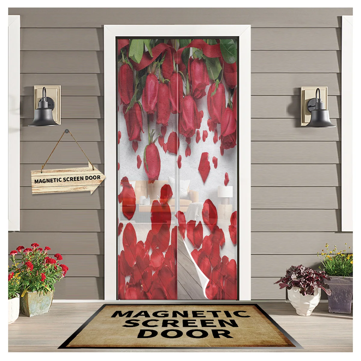 

Red Rose Flower Green Leaf Beautiful Summer Indoor Anti Mosquito Net screen Door Curtain Kitchen Magnetic Hanging Curtains
