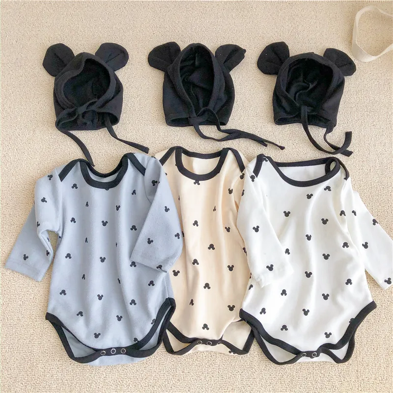 

Newborn Baby Clothes Romper Suit Cartoon Printing Bottoming Romper + Trousers + Hat Three-piece Korean Outfit Clothing Onesie