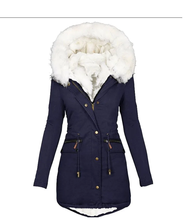 2022 Autumn and Winter Padded Waist Women's Cotton Jacket, Fashion White Fur Collar Coat Hooded Warm Jacket Loose Parkas Women