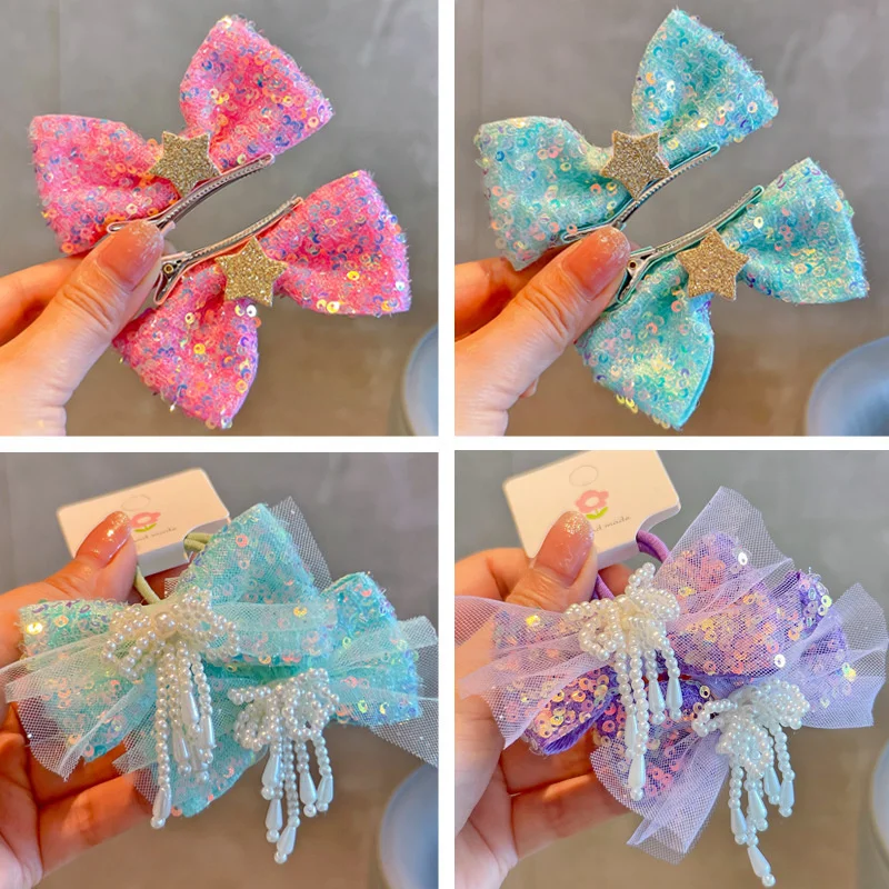 

2PCS New Sequins Pentagram Bow Ears Kids Hairpins Children Cute Headwear Baby Hair Clips Girl Accessories Elastic Hair Bands