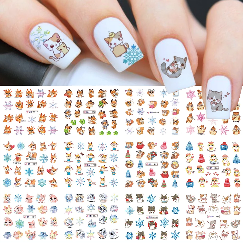 

12pcs Nail Stickers Lovely Cat Animals Transfer Sliders For Nails Cute Cartoon Xmas Water Decals Manicure Designs JIBN1957-1968