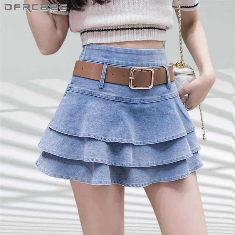 

Джинсовые юбки в стиле преппи, летние шорты с ремнем, 2023, милые юбки с высокой талией, японские Джинсовые Мини-Юбки Jk для девочек