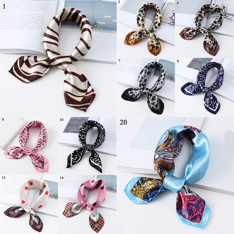 

New 50x50cm Women Polyester Silk Scarf Elegant Leopard Stripes Printed Casual Satin Small Square Wraps Scarves Shawl Bag Strap