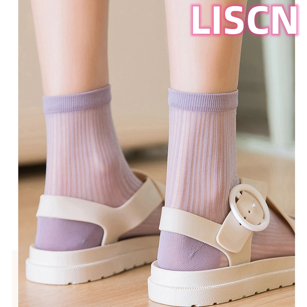 

LISCN 2023 New Harajuku Colorful Stripe Glass Socks Breathable Ultrathin Rayon Crew Sox For Women Girls Trendy Basic Underwear