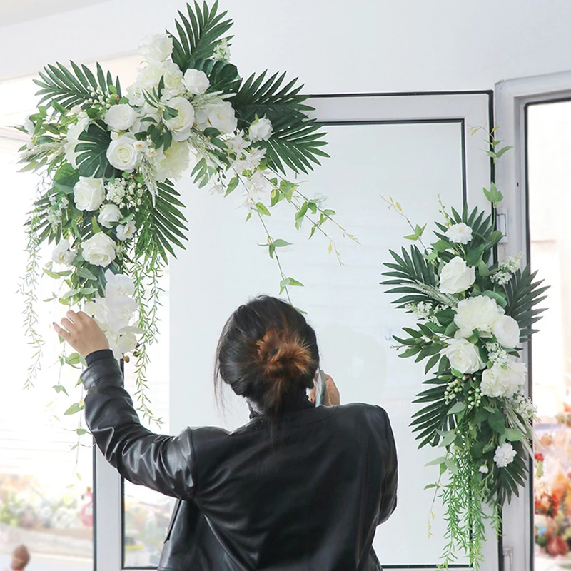 

2pcs White Artificial Flower Wedding Arch Corner Flowers Garland Rustic Wedding Welcome Sign Decoration Fake Rose Flower Plant