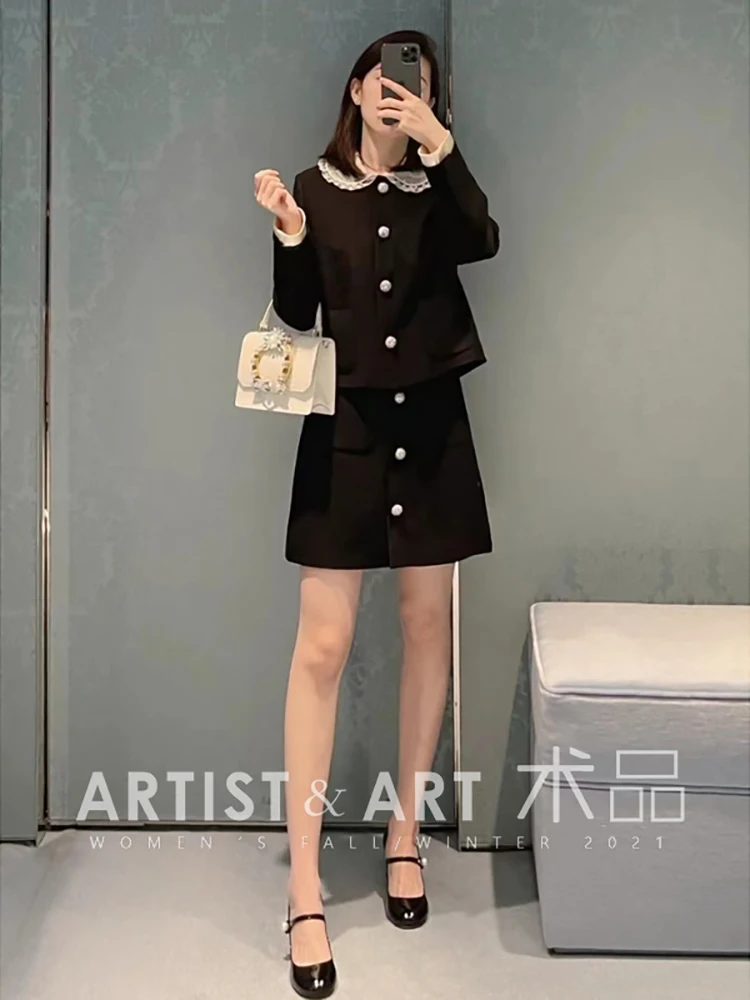 

【Provide label】 High Quality Single Breasted Pocket Black Tops + High Waist A-Line Skirts 2 Two Pieces Suits