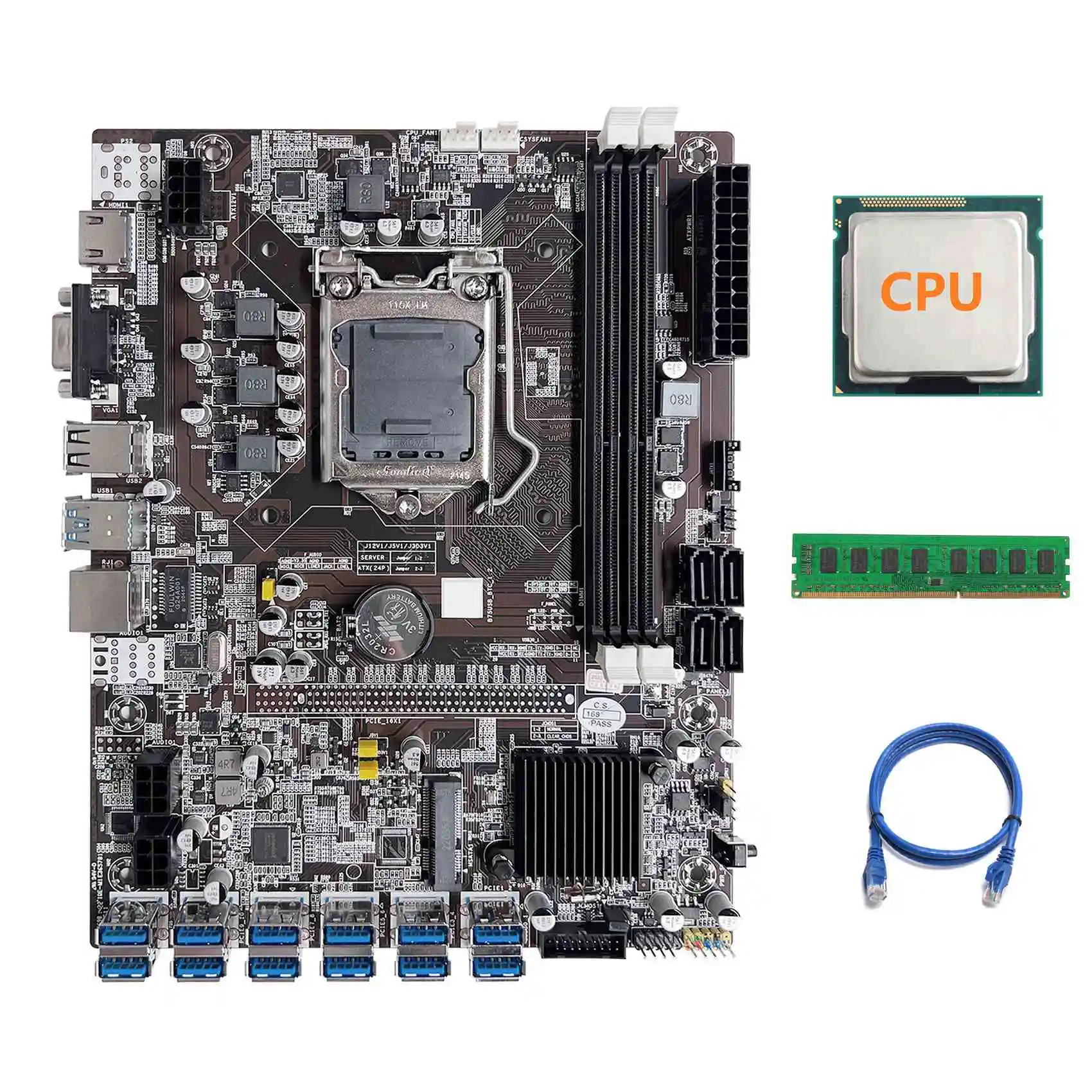 

B75 ETH Mining Motherboard 12 PCIE to USB LGA1155 Motherboard with Random CPU+DDR3 8GB 1600Mhz RAM+RJ45 Network Cable