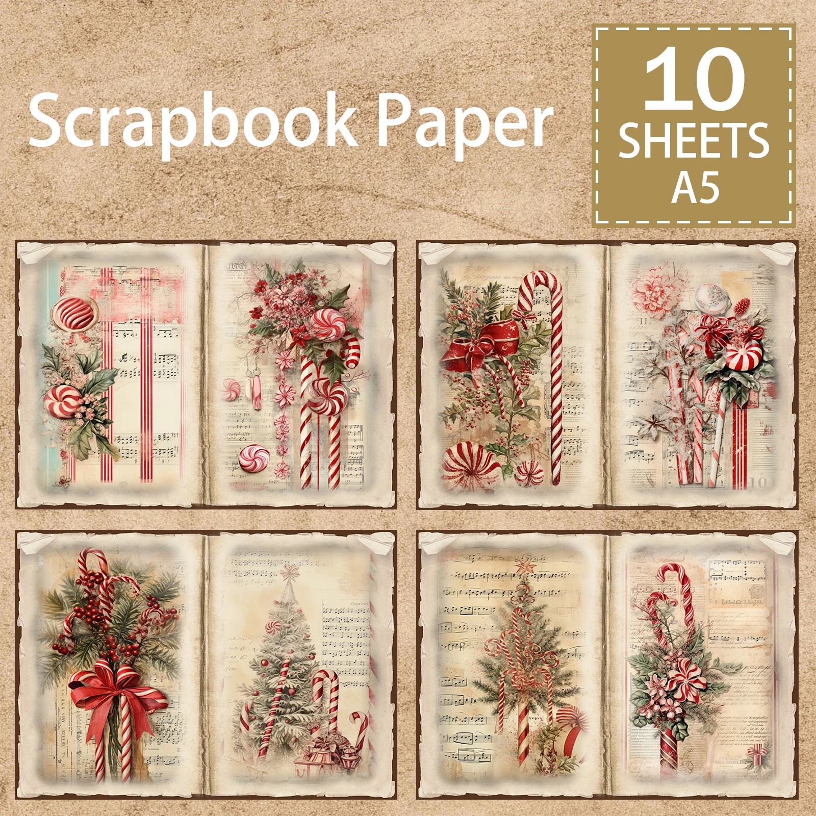 10 листов размера А5 зимний рождественский фон с конфетами винтажный гранж-журнал