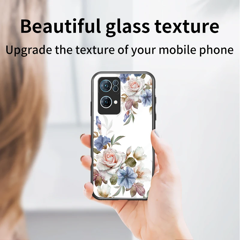 Retro flowers Glass Case For Oppo Reno 8 7 6 5 K 4 3 Pro Plus Lite Z 5G 5F Diamond Ring bracket Phone Cover Fashionable Funda images - 6