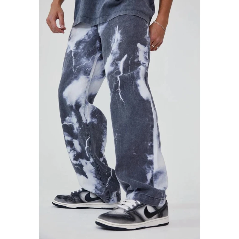 

Джинсы мужские с принтом тай-Дай, свободные брюки из денима, прямые штаны в стиле хип-хоп, уличная одежда на пуговицах, весна-лето