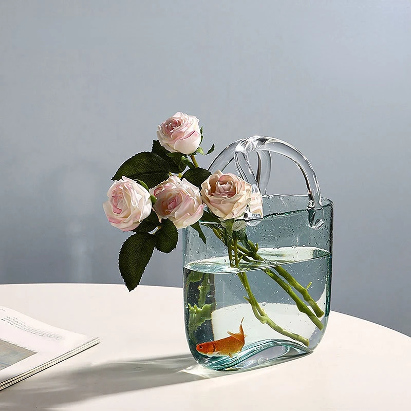 

Creativity Glass Bag Vase Shopping Basket Bubble Vase Desktop Storage Fruit Basket Modern Home Decoration Flower Arrangement