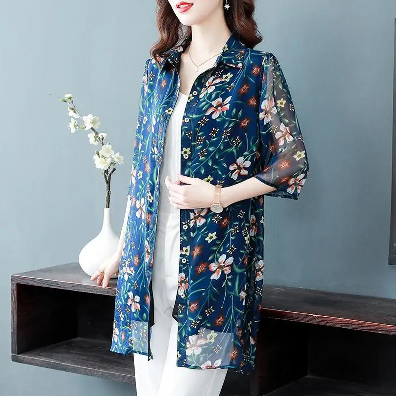 Korean Fashion Floral Printed Polo-Neck Casual Shirt Summer New Women's Clothing Midi Button 3/4 Sleeve Thin Chiffon Blouses