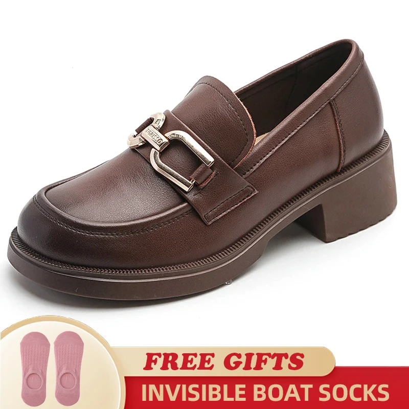 

2023 New Loafers Metal Buckle Design Ladies Shoes Genuine Leather British Style Women Spring Shoes Retro Round Toe Ladies Shoes