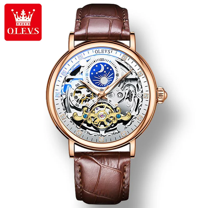 

OLEVS 9001 Full-automatic Fashion Men Wristwatches Waterproof Genuine Leather Strap Automatic Mechanical Watch for Men Luminous