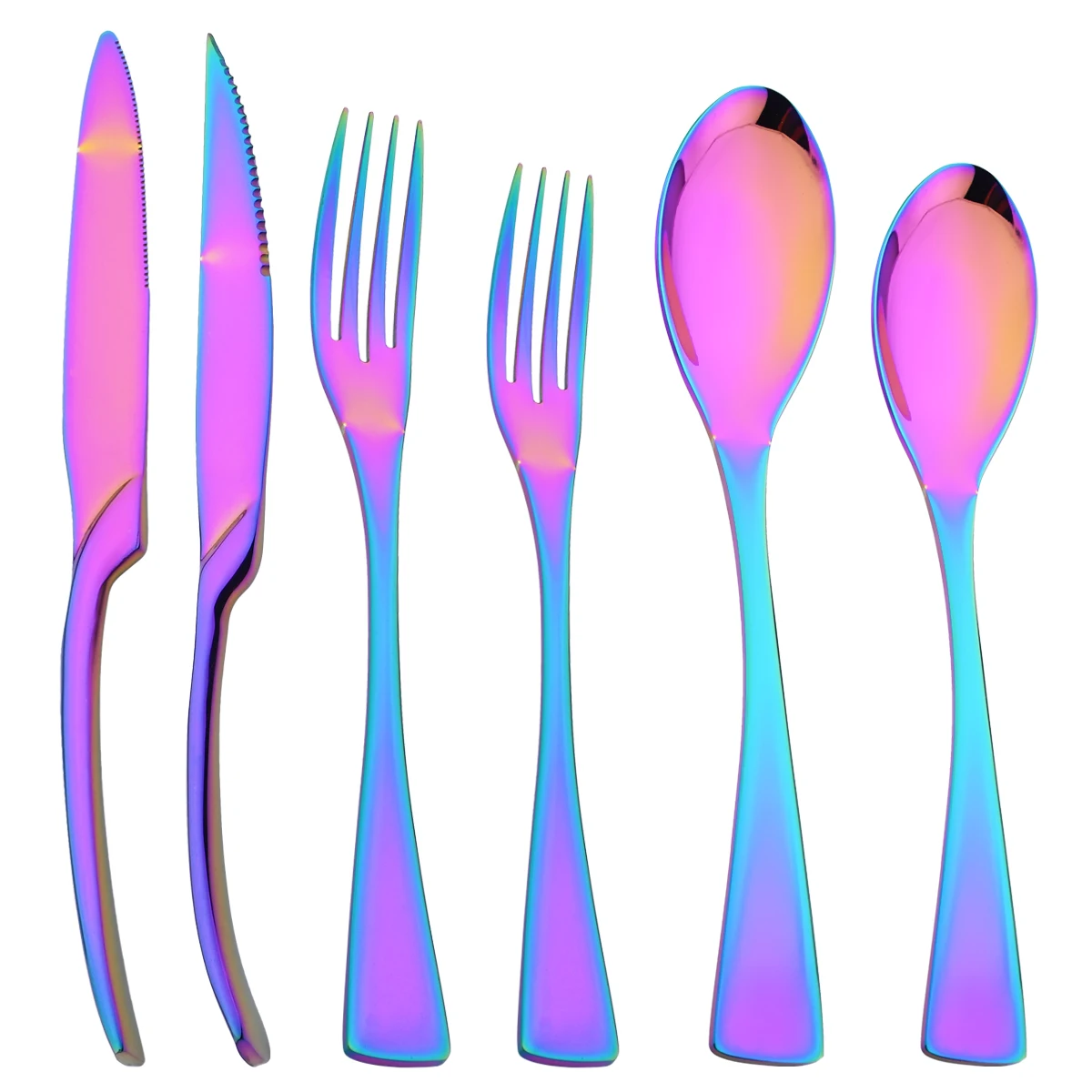 

6Pcs Colorful Cutlery Flatware Set Mirror Stainless Steel Tableware Steak Knife Fork Dessert Spoon Dinnerware Kitchen Silverware