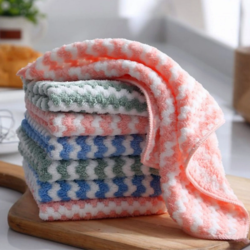 

5 double-sided coral velvet cationic rags for cleaning scouring pads absorbent and non-oily dish towels kitchen cleaning tools