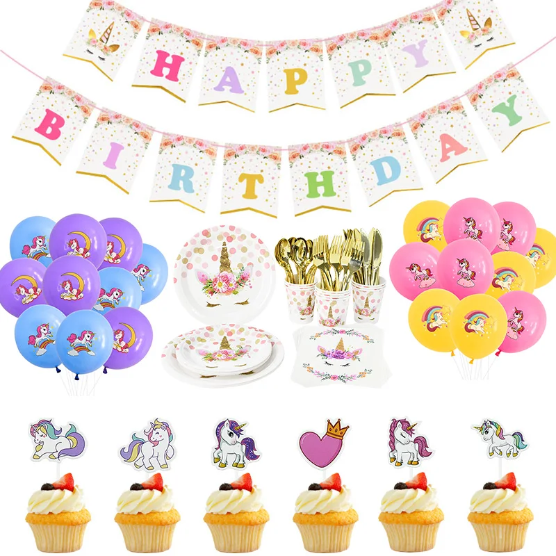 

Unicorn Party Supplies Disposable Tableware Set Unicorne Banner Cake Toppers Latex Balloon Kids Birthday Party Decor Baby Shower