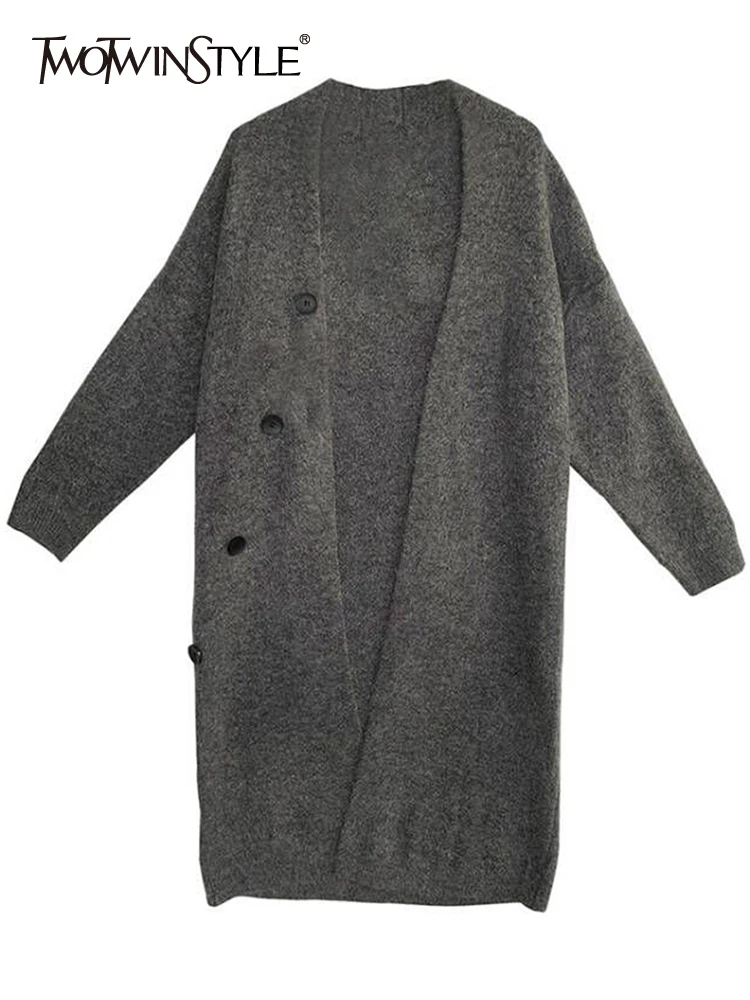 

TWOTWINSTYLE Solid Minimalist Sweaters For Women V Neck Long Sleeve Patchwork Button Casual Loose Knitting Sweater Female 2023