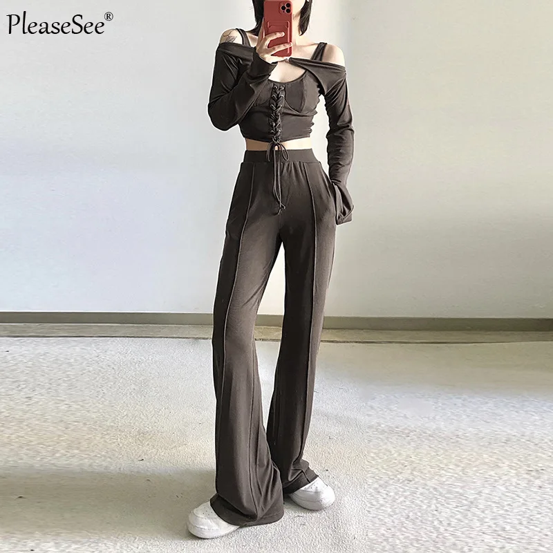 Женский комплект из 3 предметов укороченный Топ без бретелек и широкие брюки