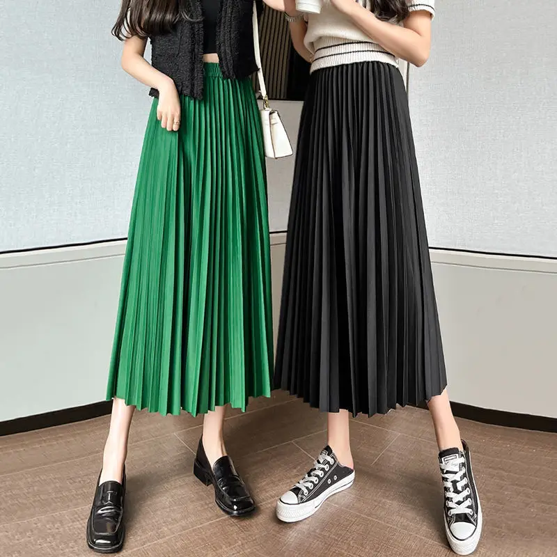 

Spring 2023 Women Shirring Mid-length Maxi Pleated Skirt Midi Skirt High Waist Elascity Casual Party Office Lady Skirt T210