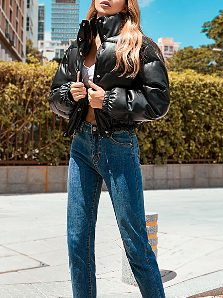 Black Winter Parka Coat Women Jacket Thick Warm Women Casual Loose Coats Women Casual Zipper Faux Leather Jackets Tops