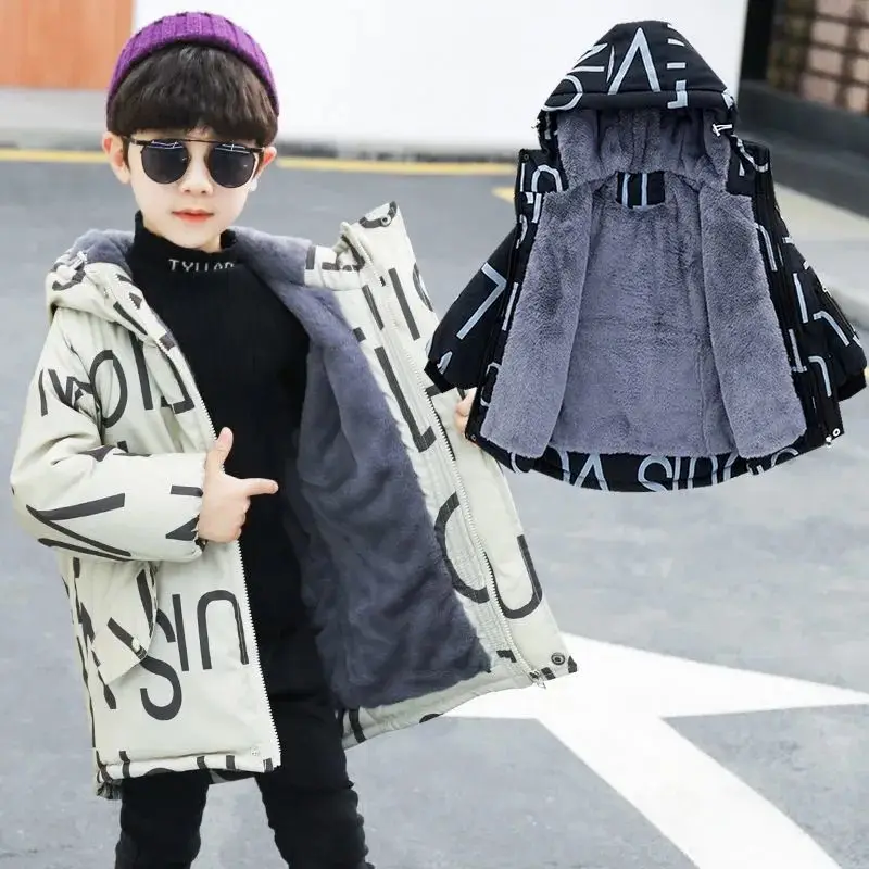 

2022 Children Clothing Boy Plush Clothes Warm Winter Down Cotton Jacket Hooded Coat Teen Thicken Outerwear Kids Velvet Parka