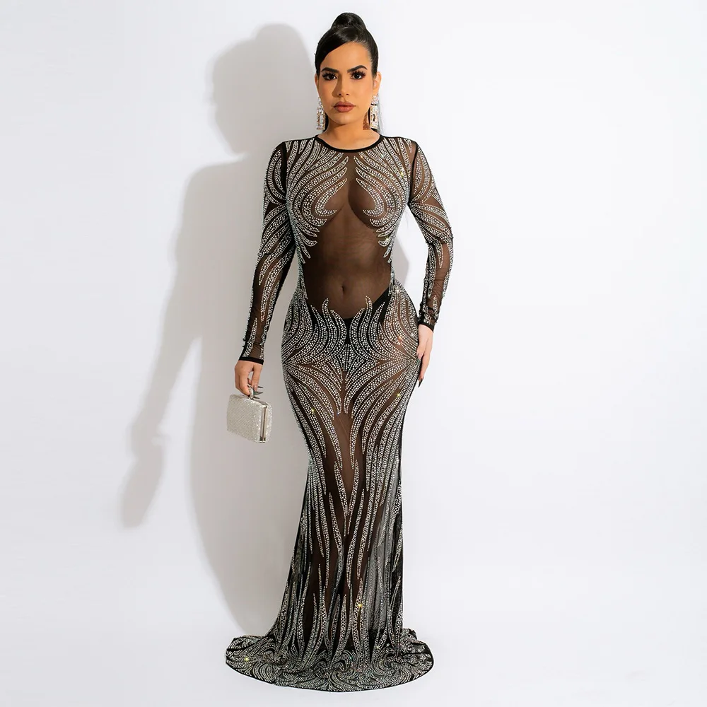 2022 Fashion Mermaid Dress Sequins Dress Solid Transparent Diamond O-neck Long Sleeve Sexy Club Dress Maxi Dresses Vestidos