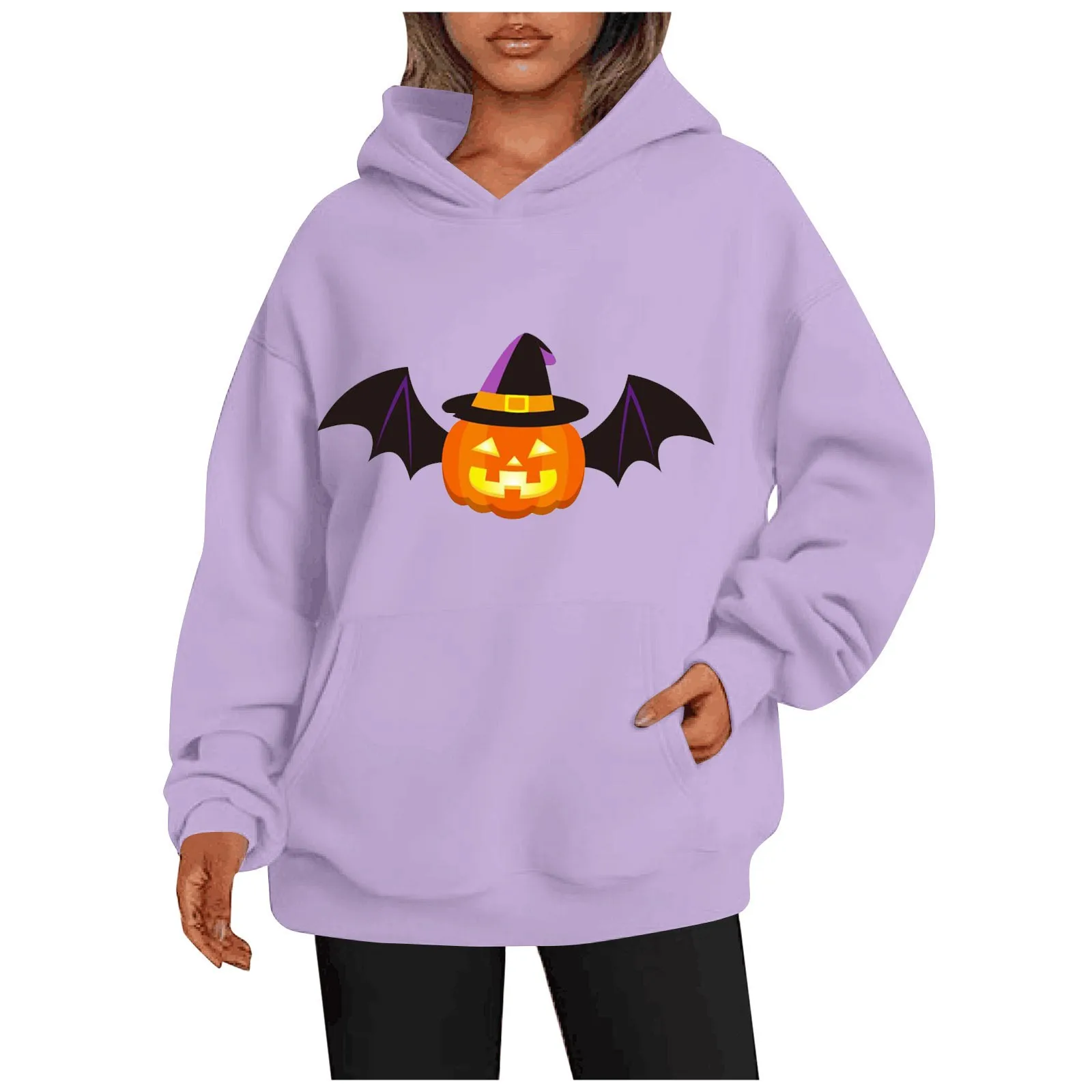 

Женские модные повседневные универсальные свитшоты с круглым вырезом, свитшоты с длинным рукавом и принтом тыквы и крыльев на Хэллоуин