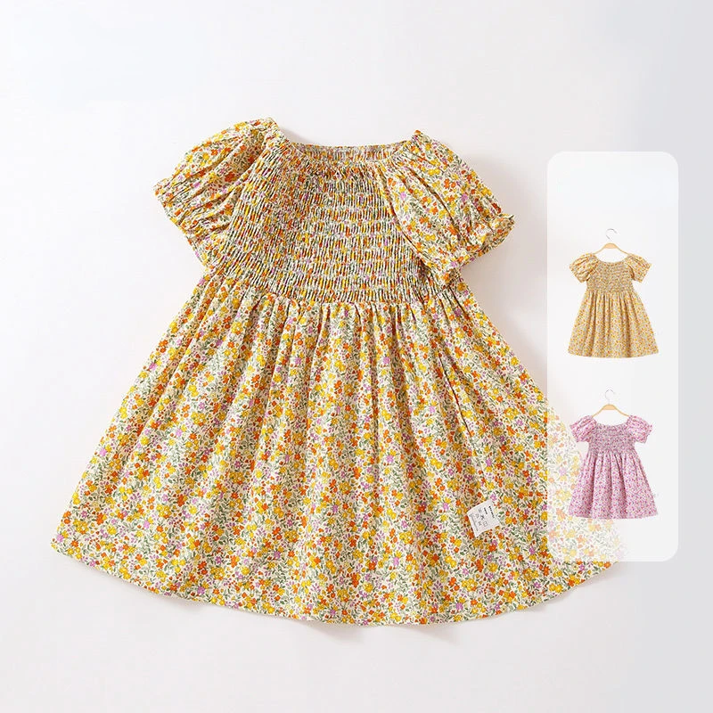 

Новинка лета 2022, платье с цветами для девочек, милое детское платье принцессы с короткими рукавами-фонариками и цветочным принтом, хлопкова...